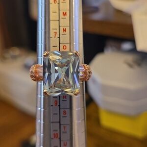 Rose Gold Plated Statement Ring with Large Emerald-Cut Aquamarine Stone